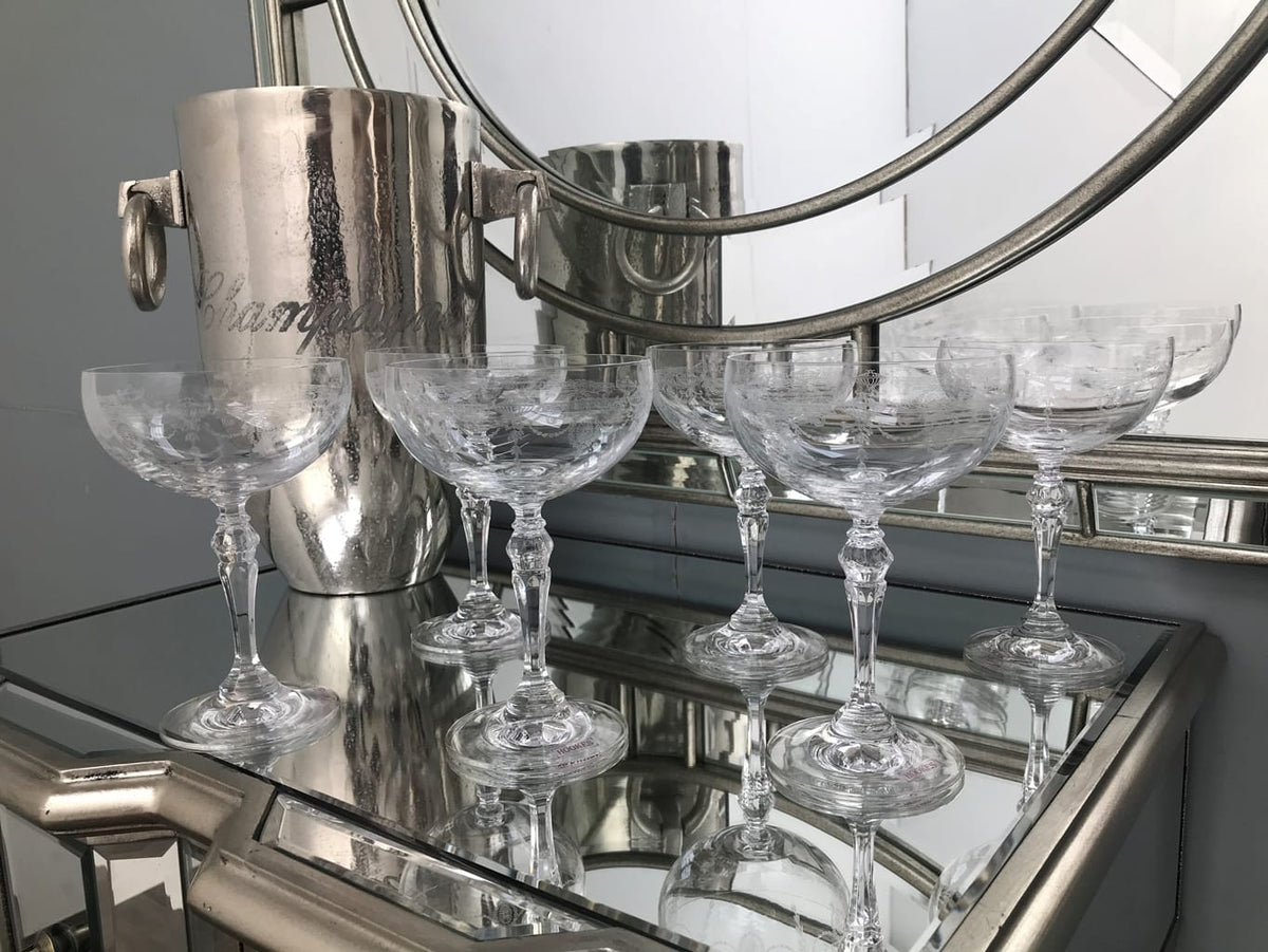 Set of 6 Catherine Champagne Coupes standing in front of a mirror