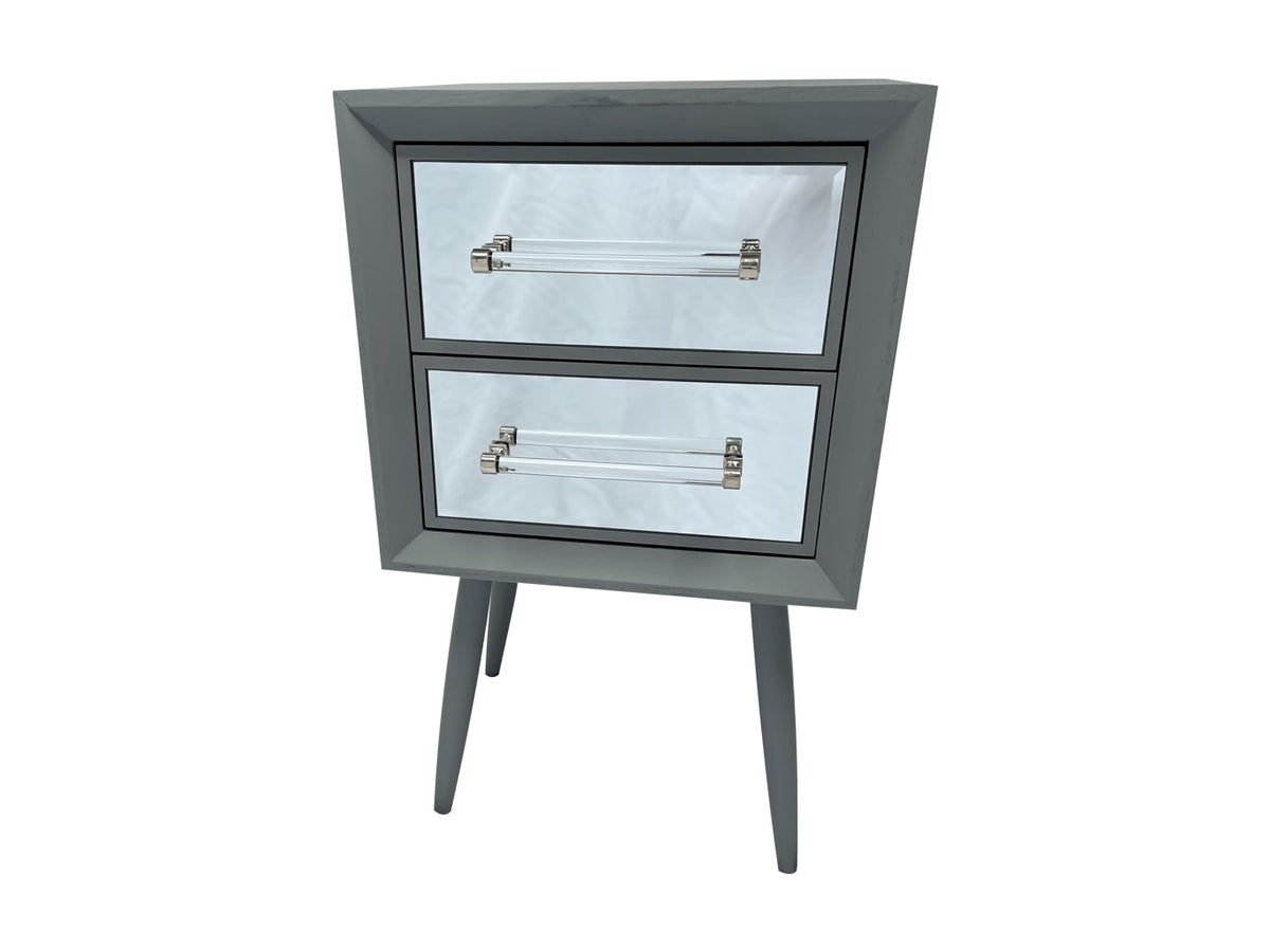 Carnaby Mirrored Bedside Table with 2 Draws in Grey and Silver finish