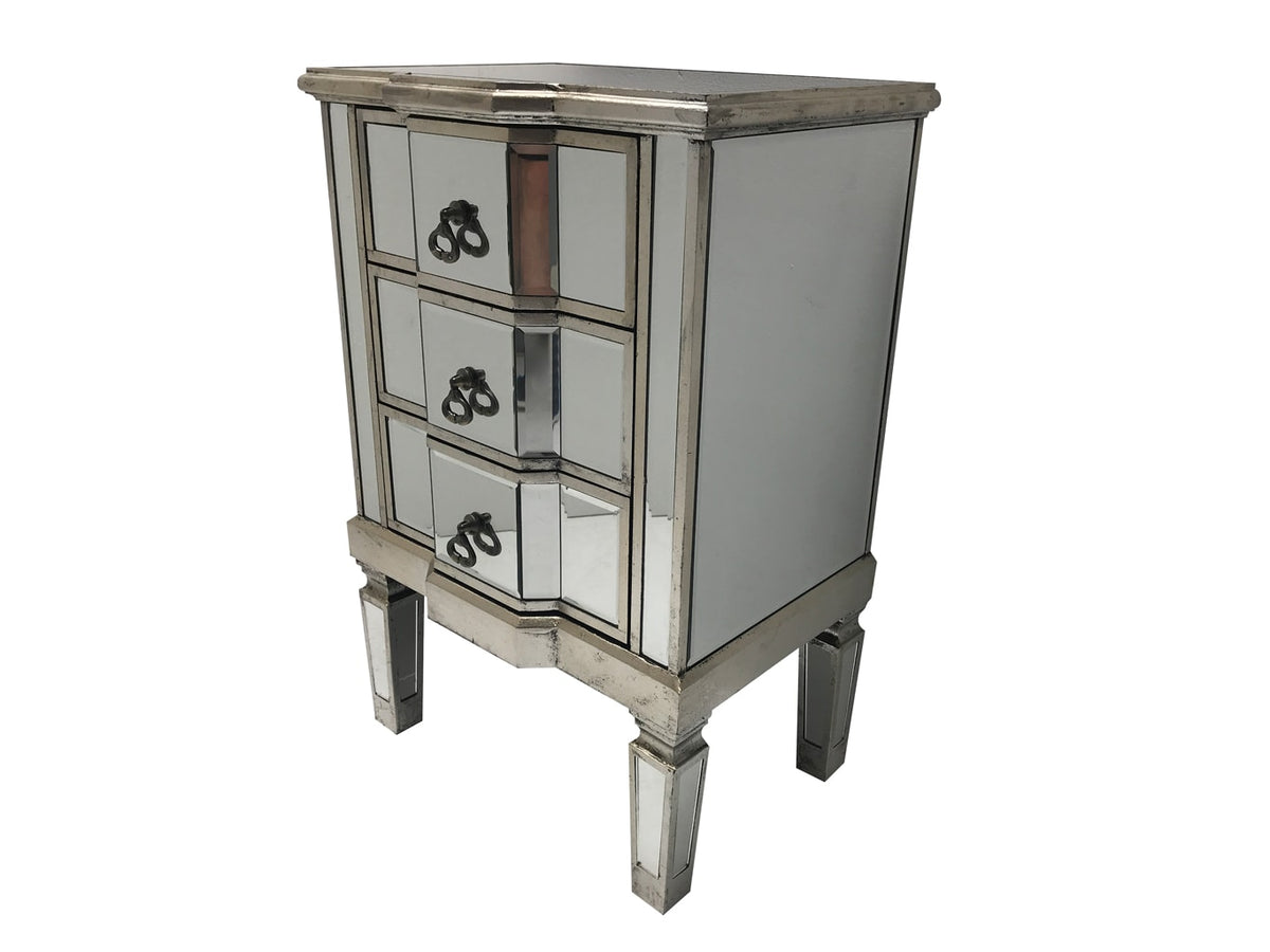 Mirrored Bedside Table » 3 Drawers » Silver Antique Finish » Charleston