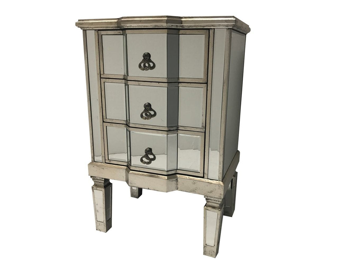Charleston Mirrored Side Table with 3 Drawers, view from left side angle
