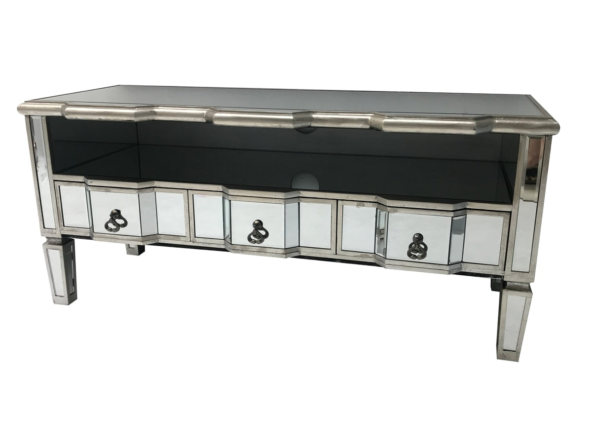 Mirrored TV unit entertainment system with 3 drawers and diamante handles