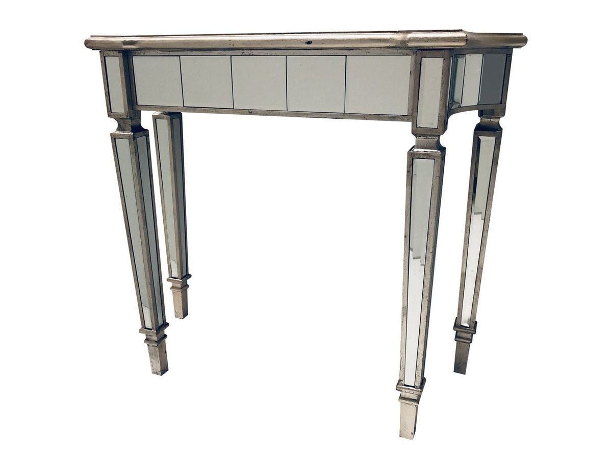 Glass console table, view from left front angle