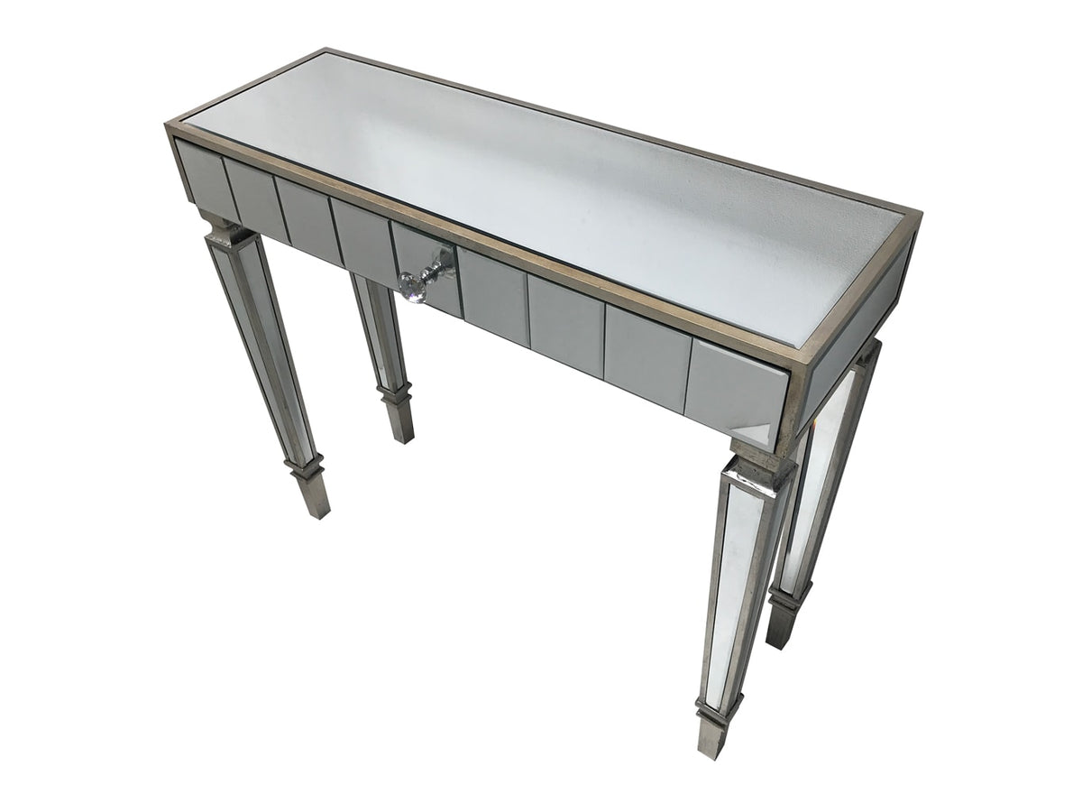 Glass Table with one drawer and diamante handle, view from the top left front angle