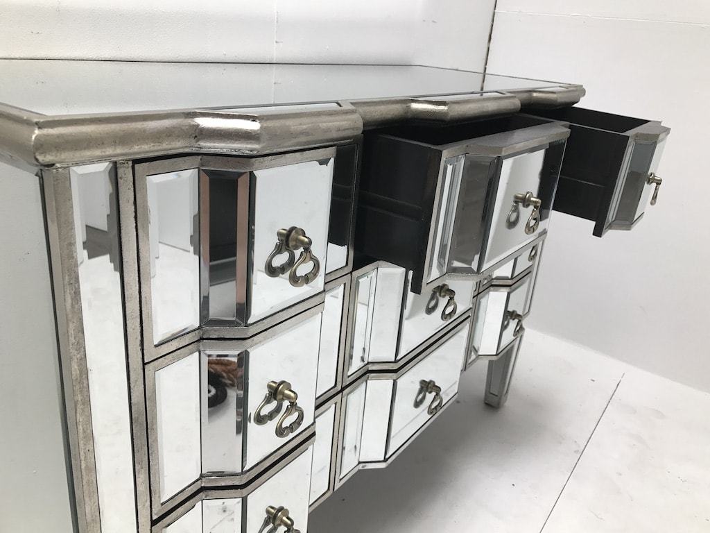 Mirrored Chest Of Drawers With 9 Drawers And Vintage Finish with top drawers opened