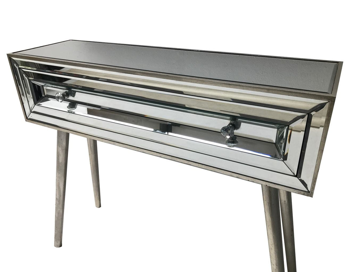 Mirrored console table with a single drawer, view from the left top angle