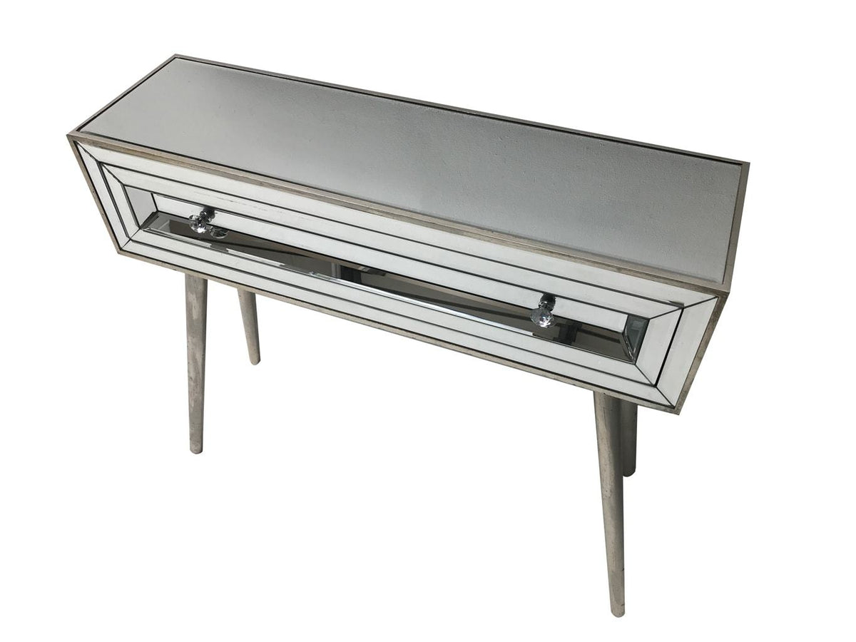 Glass console table with a single drawer, view from the left top angle