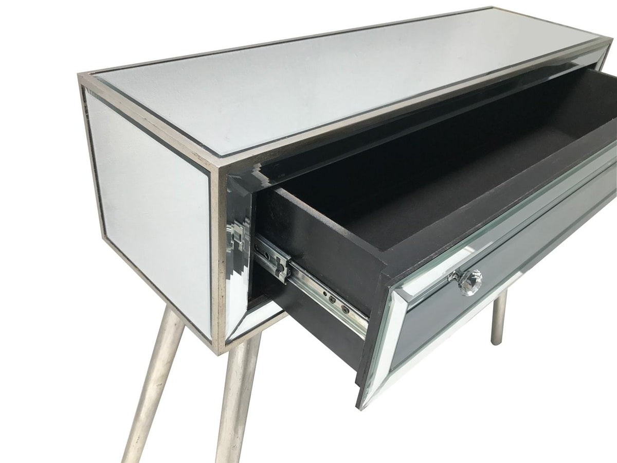 Mirrored console table with an open single  drawer, view from the right top angle