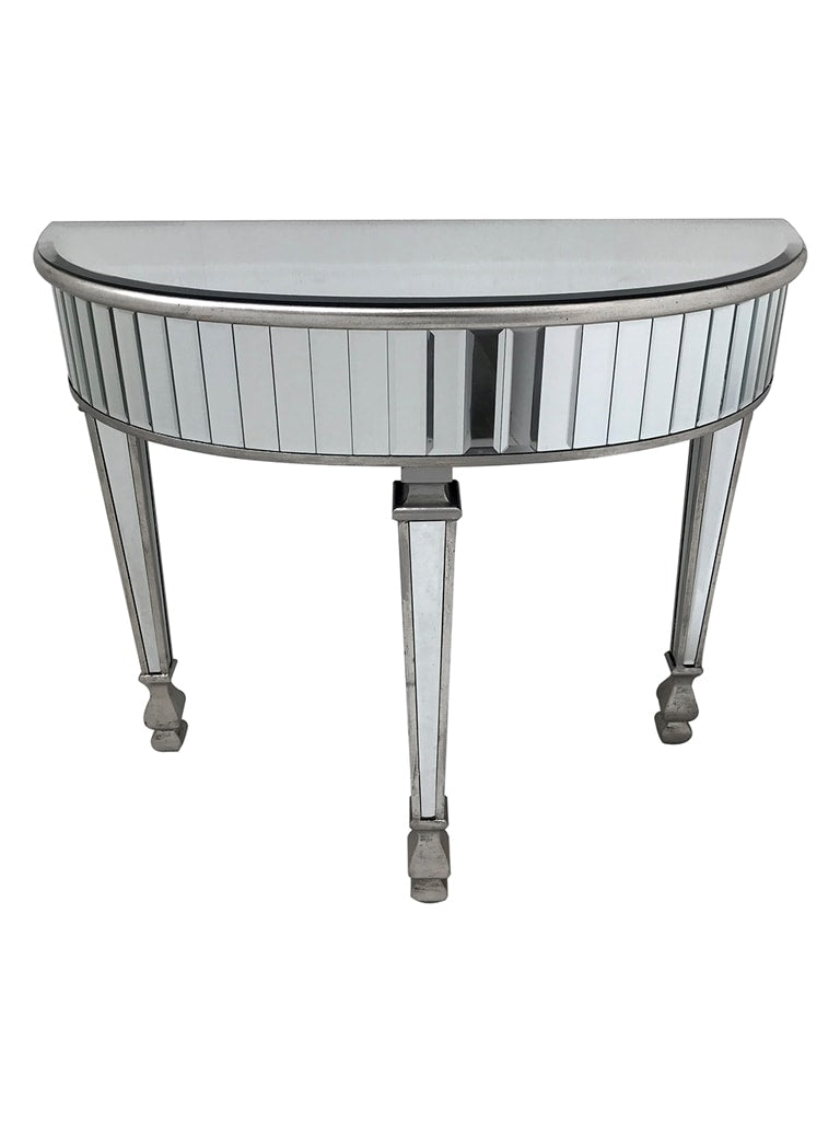 Mirrored Console Table - half moon shape with glass panels