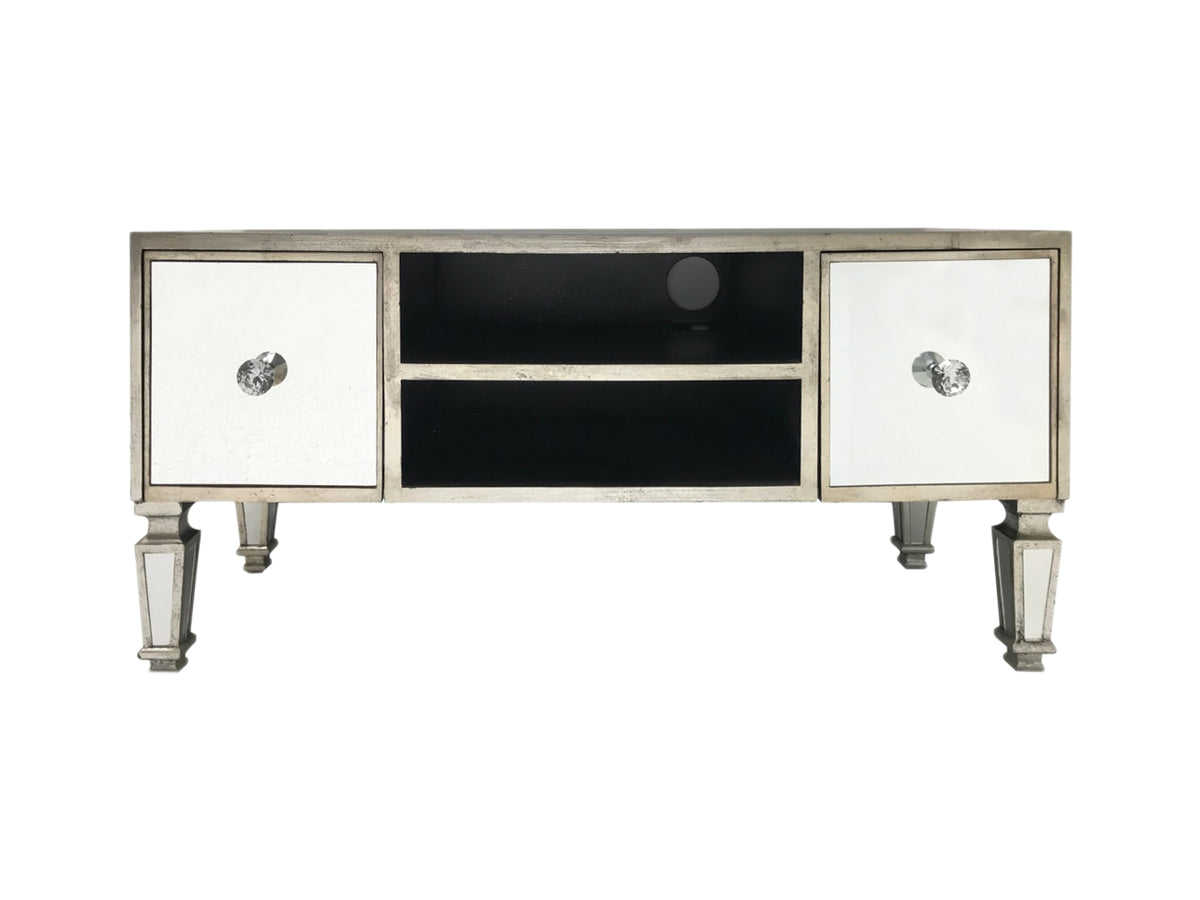 Mirrored TV unit stand with 2 selves and cupboards storage