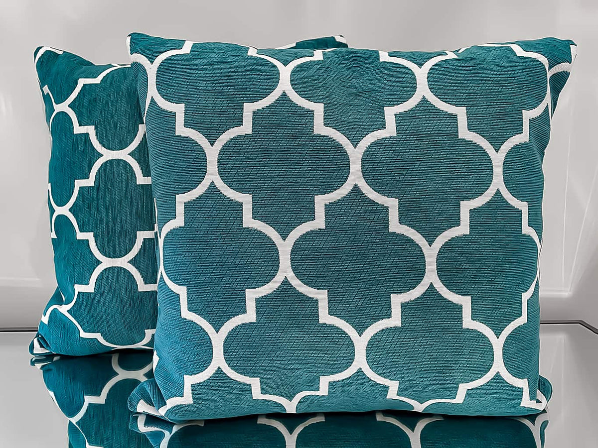 Two trellis pattern turquoise cushions