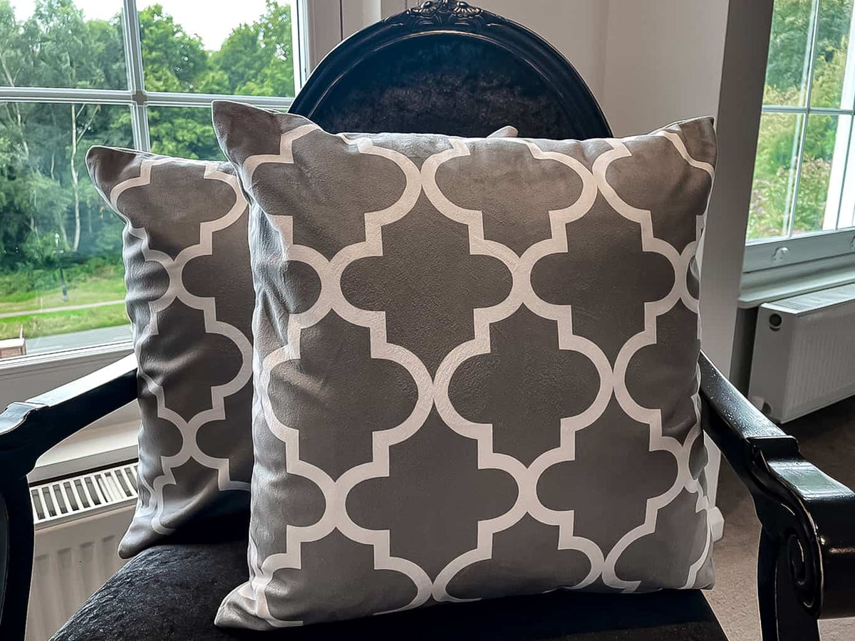 Pair of Grey Velvet Cushions with Pattern