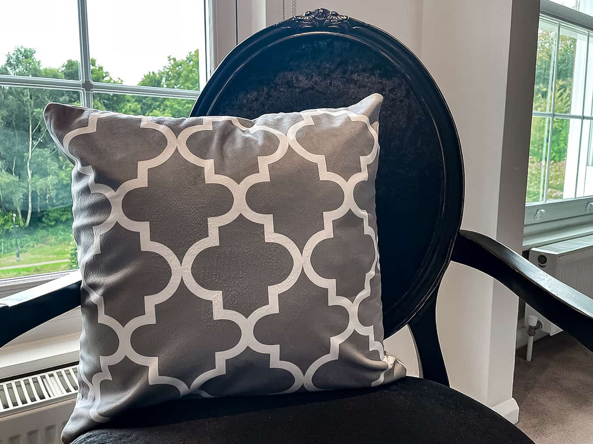 Grey Velvet Cushion with Trellis Pattern