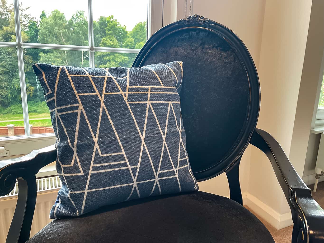 Navy Chenille Cushion with White Pattern