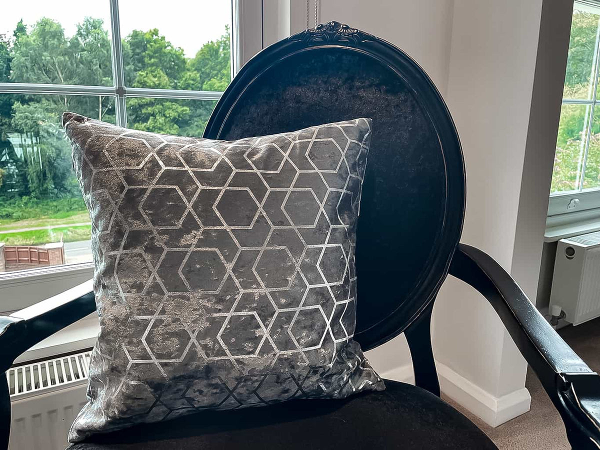 Grey and Silver Velour Cushion with geometric pattern