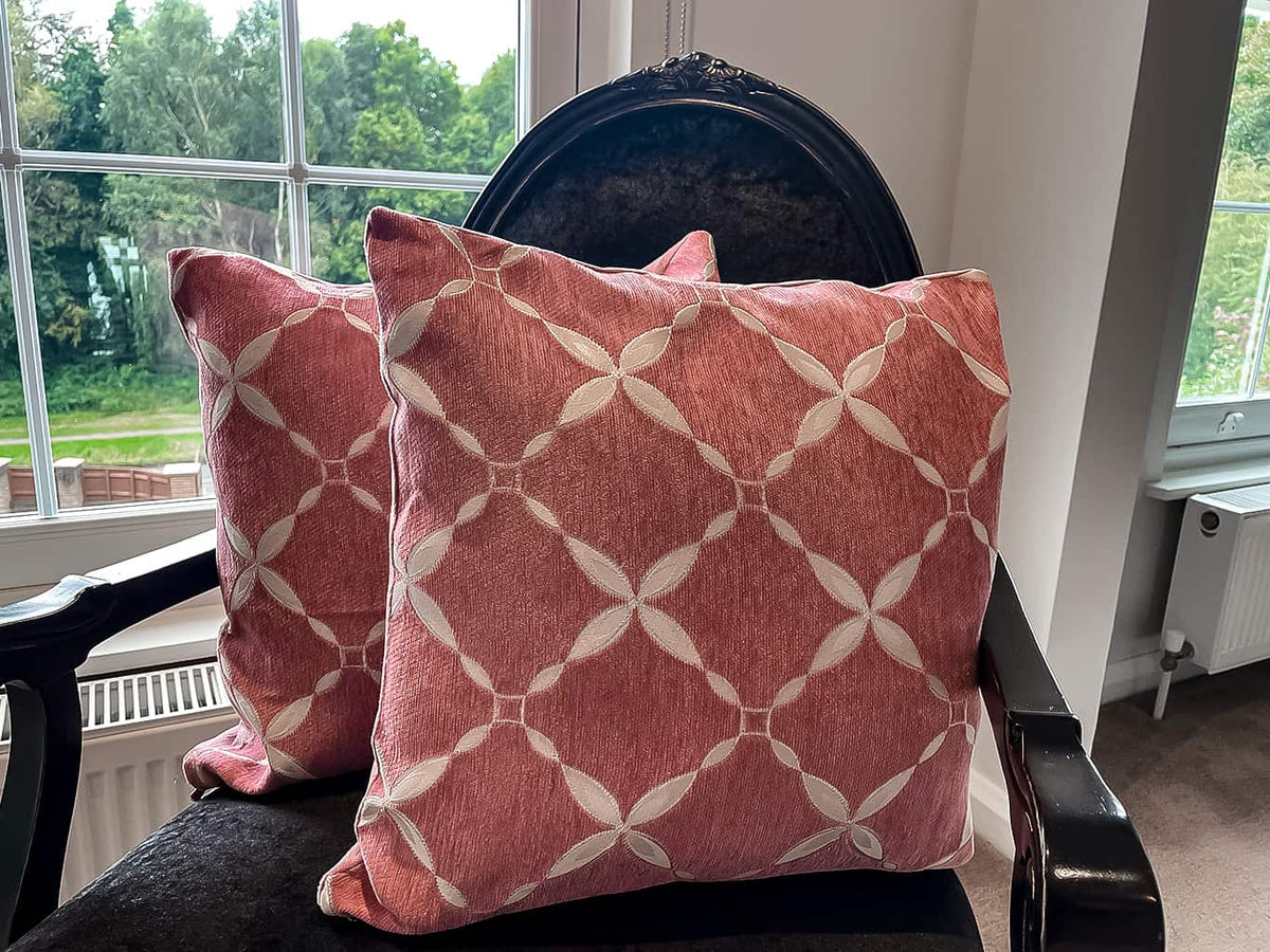 Pair of Pink Cushions with Cream Floral Pattern