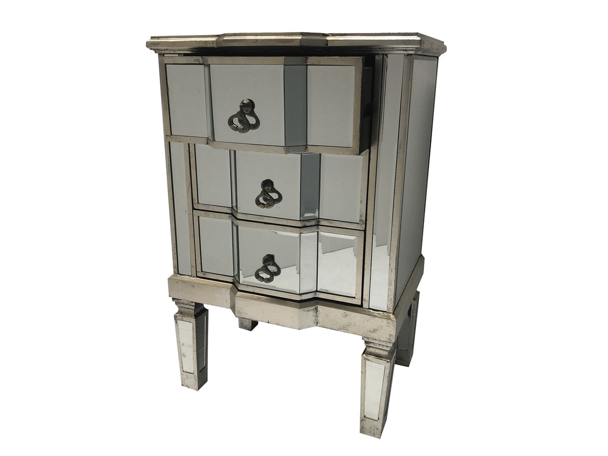 Mirrored Bedside Table with Three Drawers with top one open