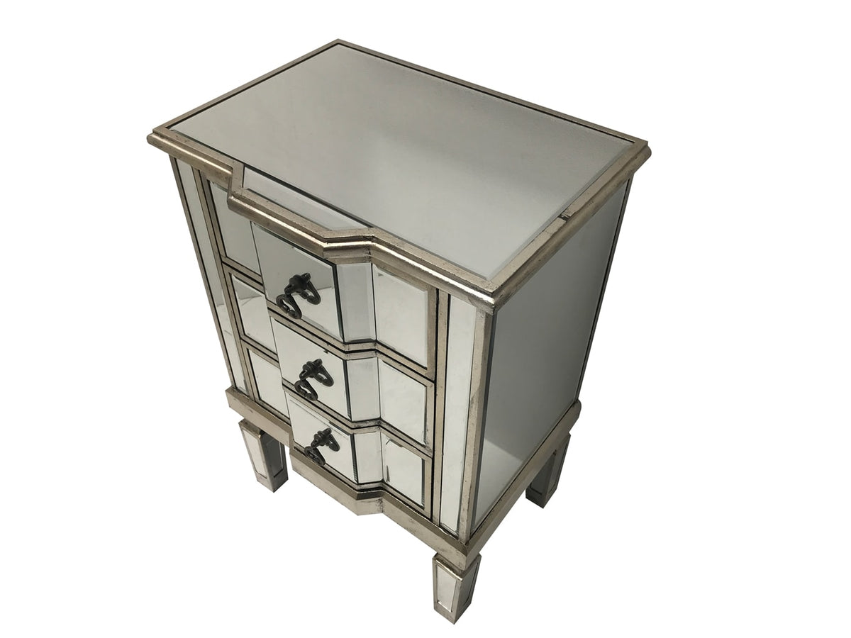 Mirrored Bedside Table with Three Drawers, view from top left angle