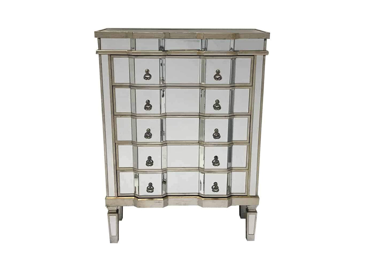 Mirrored chest of drawers in antiqued silver finish edges