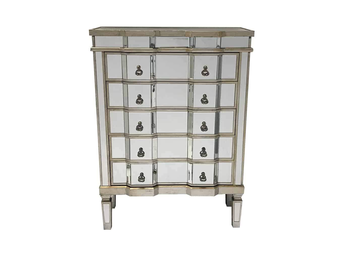 Mirrored chest of drawers in antiqued silver finish edges