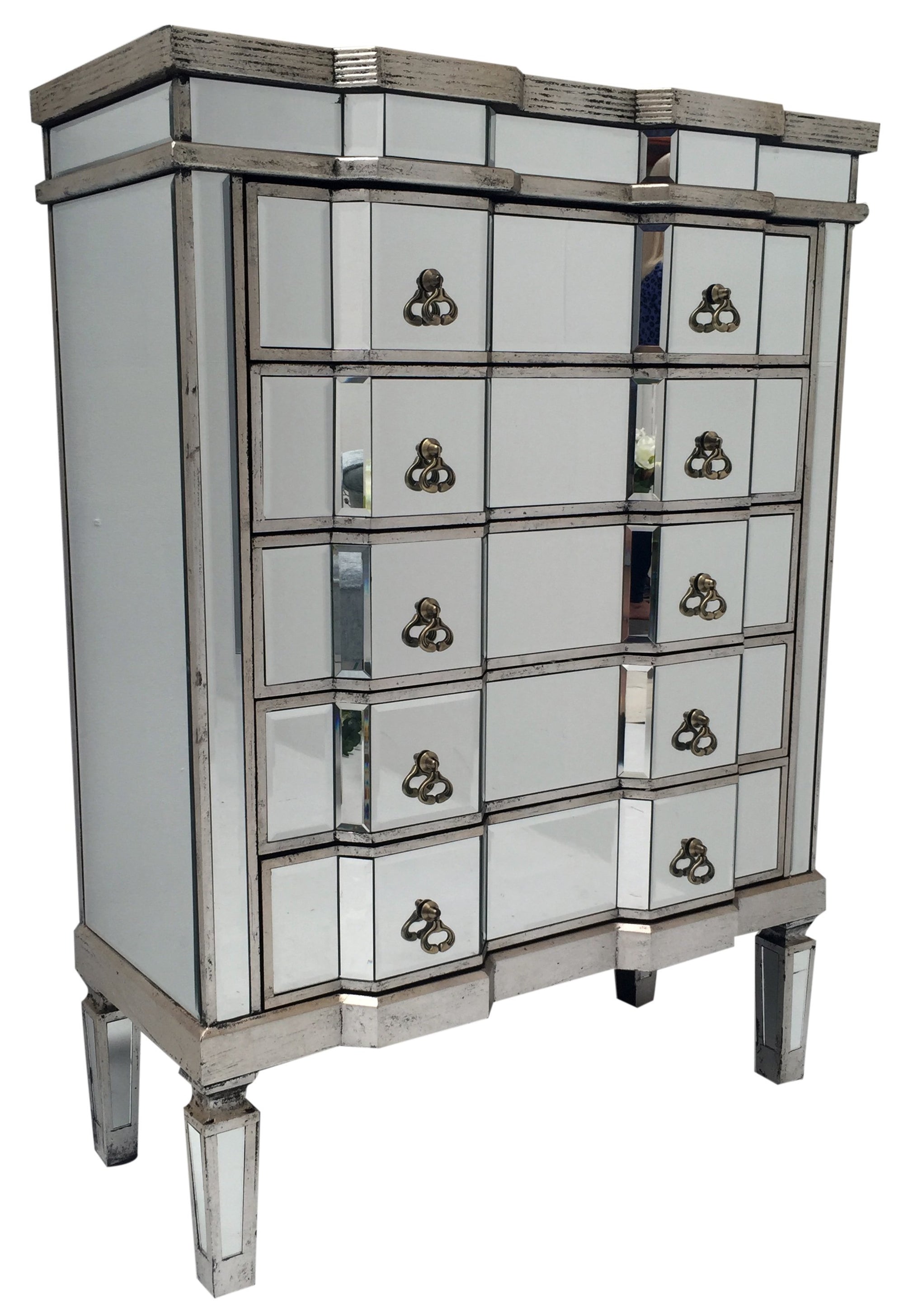 Mirrored chest of drawers in antiqued silver finish edges