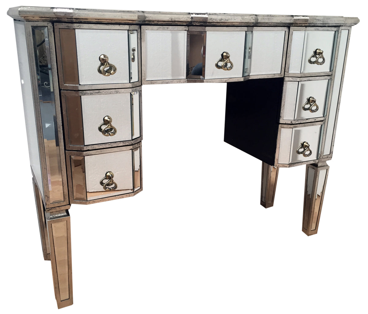 Charleston Kneehole Mirrored Dressing Table with 7 Drawers, front right angle