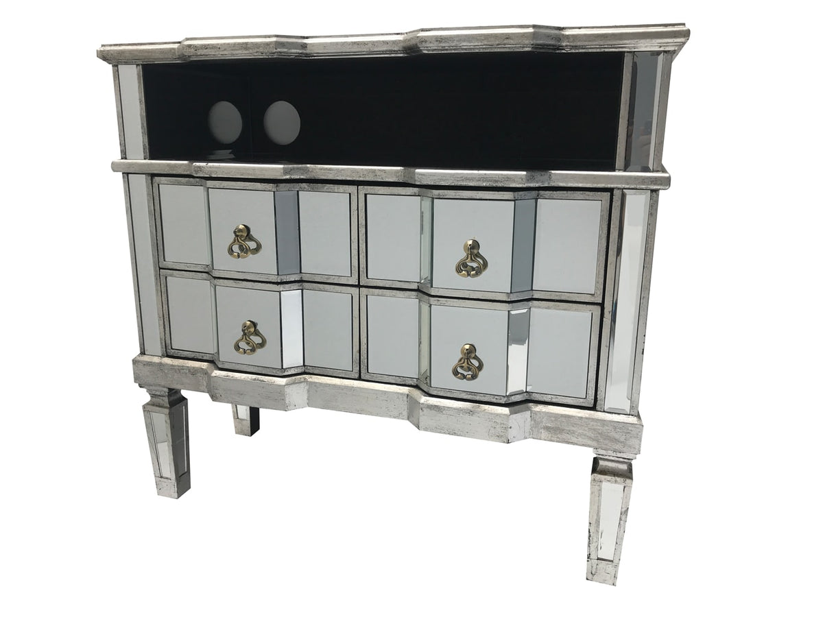 Mirrored TV unit with a shelf and four drawers