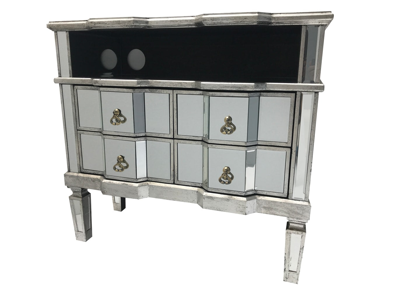 Mirrored TV unit with four drawers and a shelf above