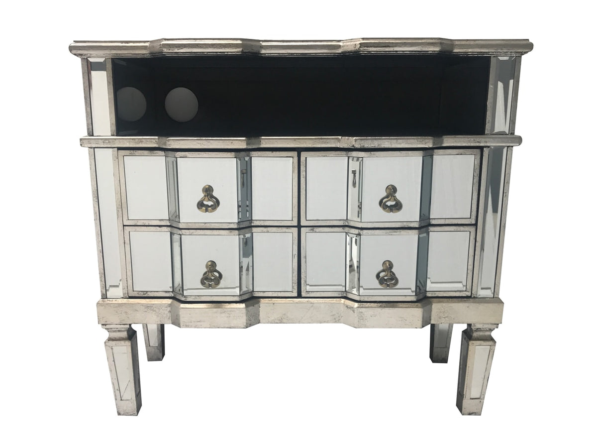 Mirrored TV unit with four drawers and a shelf above
