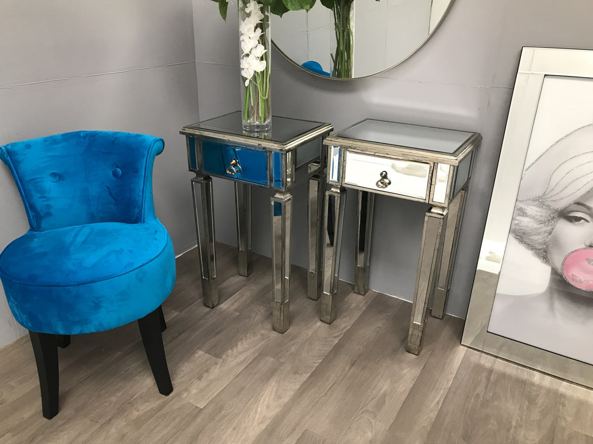 Two Mirrored Side Tables with 1 Drawer in Silver Finish - Charleston Collection