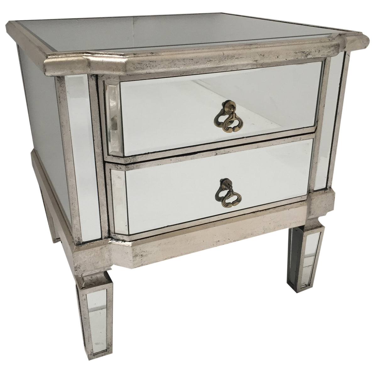 Mirrored Bedside Table 2 Drawers Vintage Silver Finish