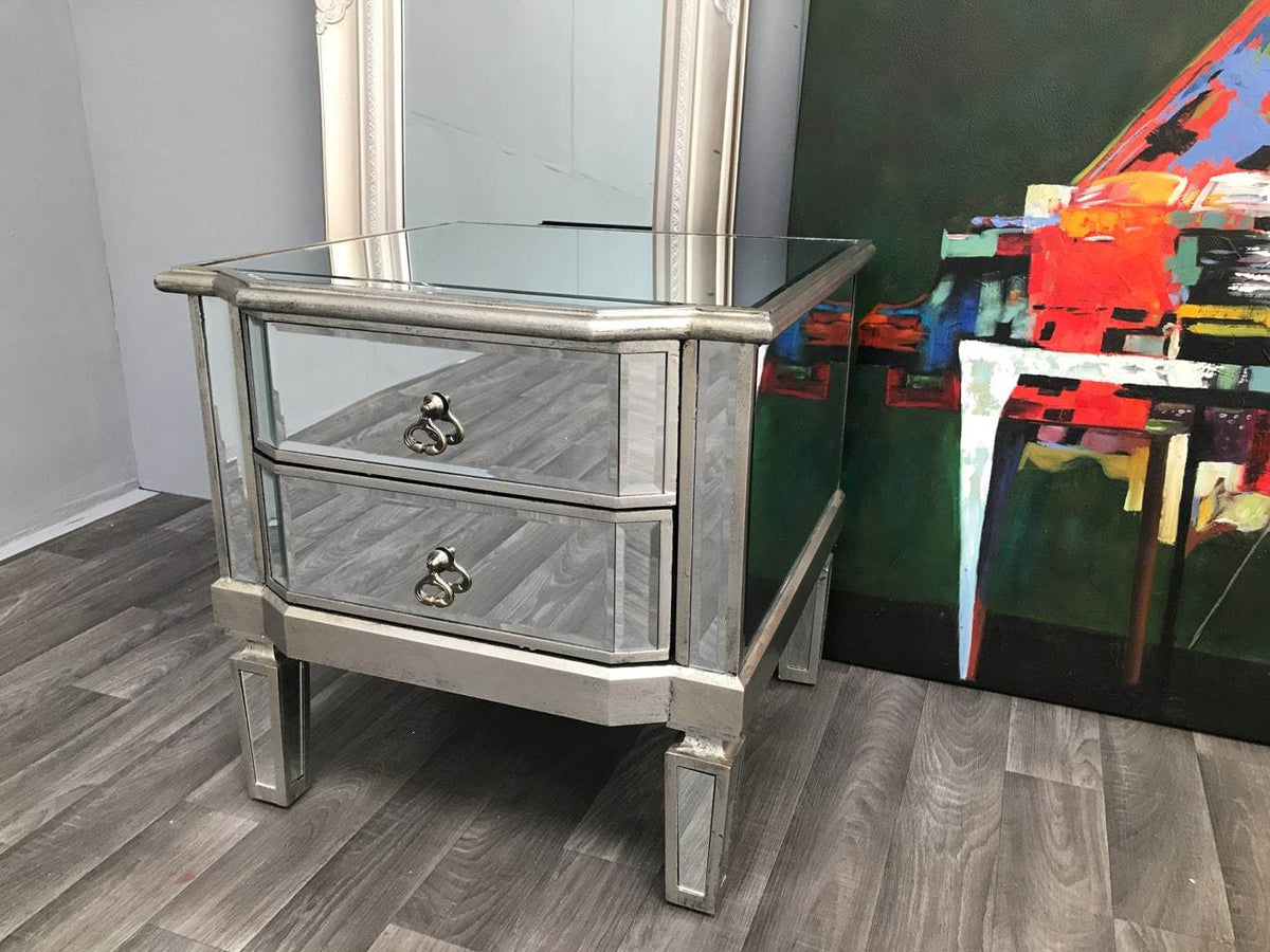 Mirrored Bedside Table with  2 Drawers Vintage Silver Finish - Charleston Collection
