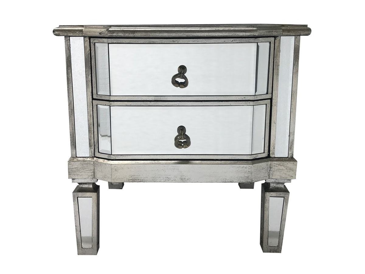 Mirrored Bedside Table 2 Drawers Vintage Silver Finish Charleston