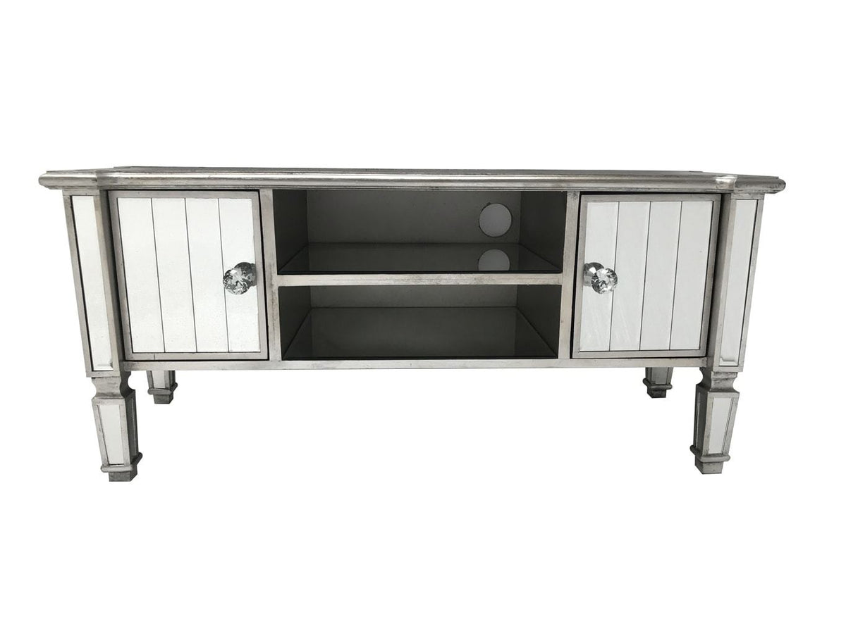 Mirrored TV unit with two cabinets on the sides.