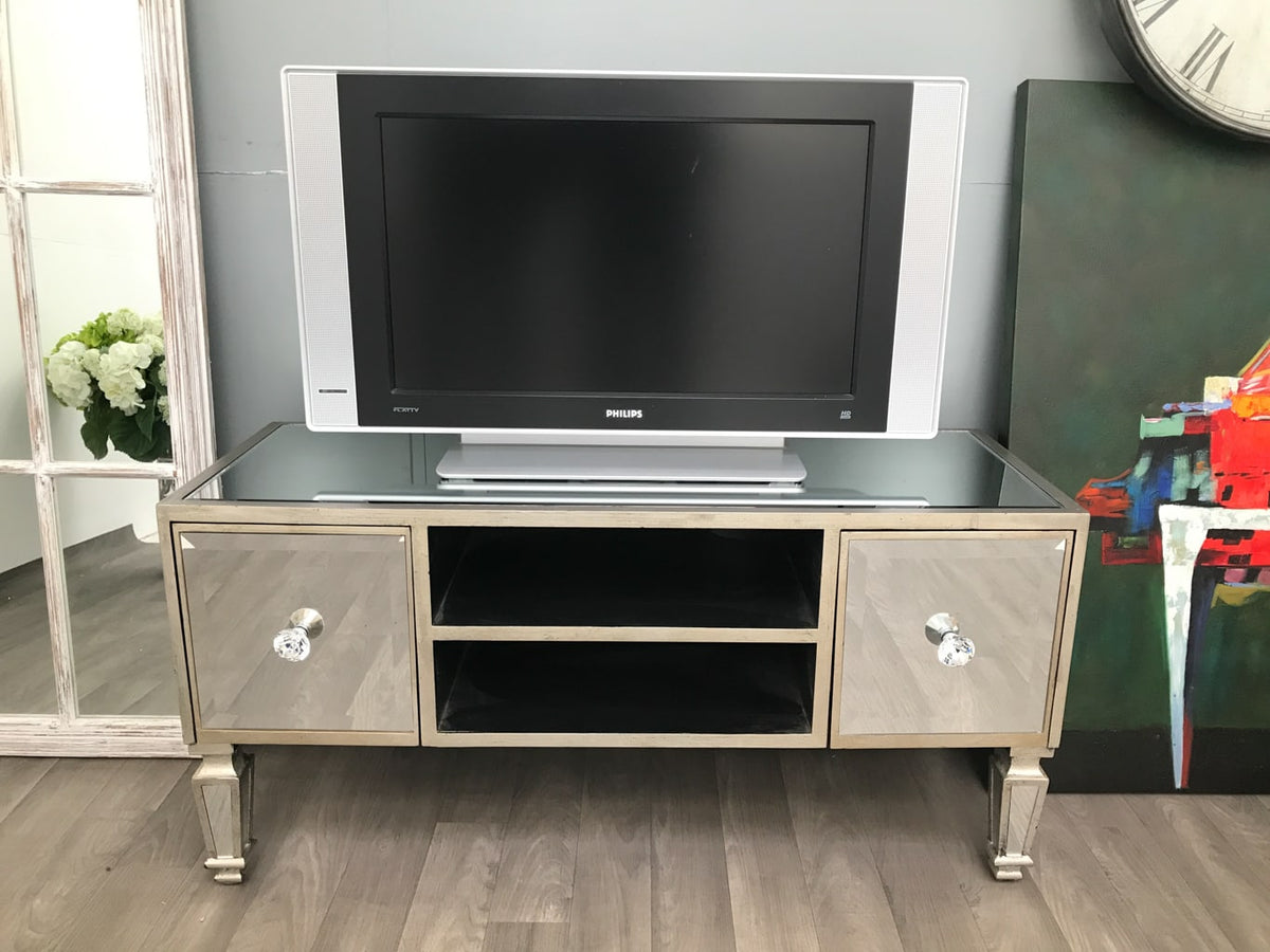 Mirrored Media Stand With two Drawers and Shelves - Hollywood Collection