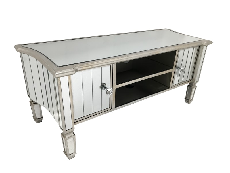 Mirrored TV unit with two cabinets on the sides.
