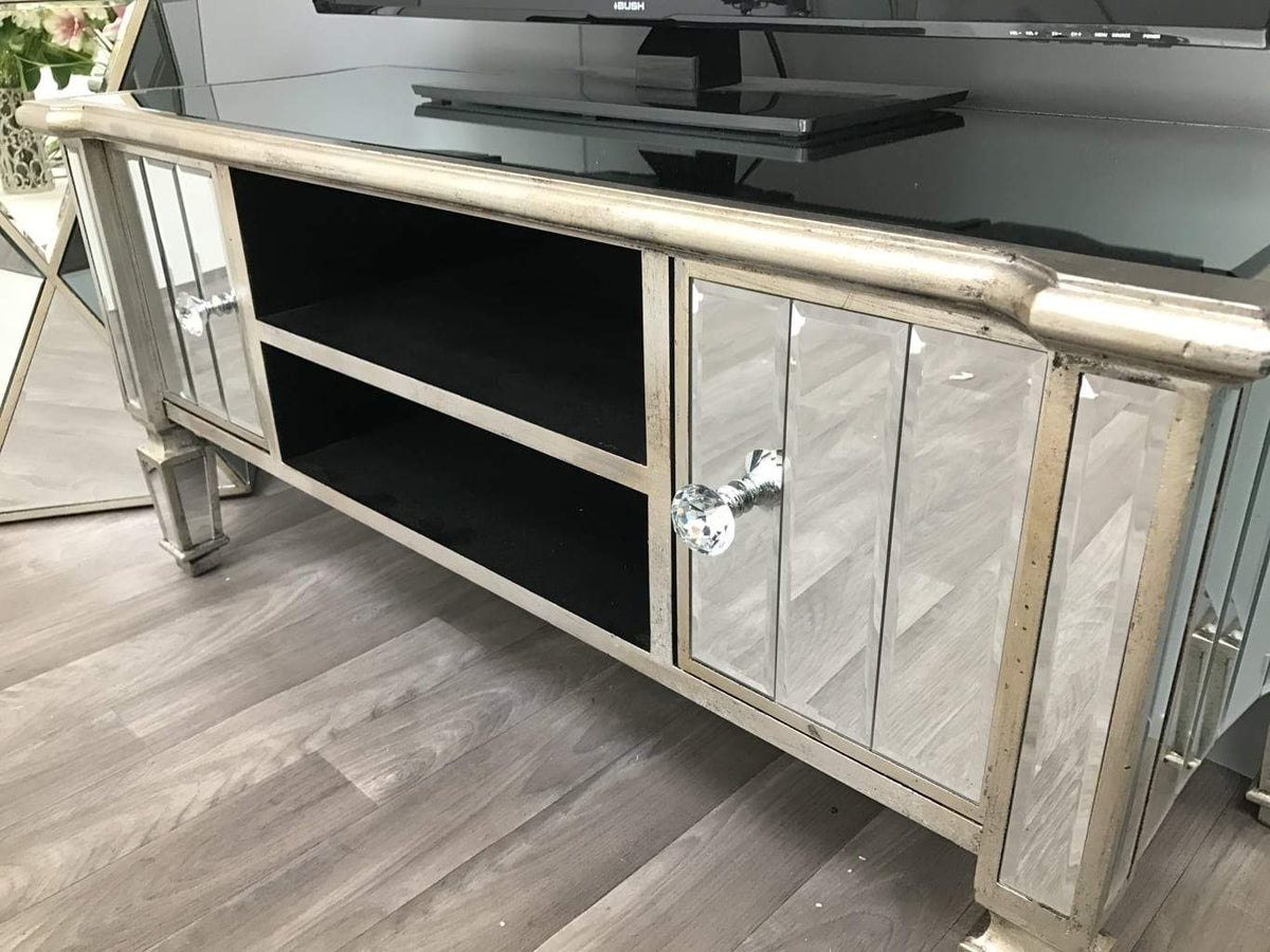 Mirrored TV unit with 2 Shelves and 2 Drawers - Marbella Collection