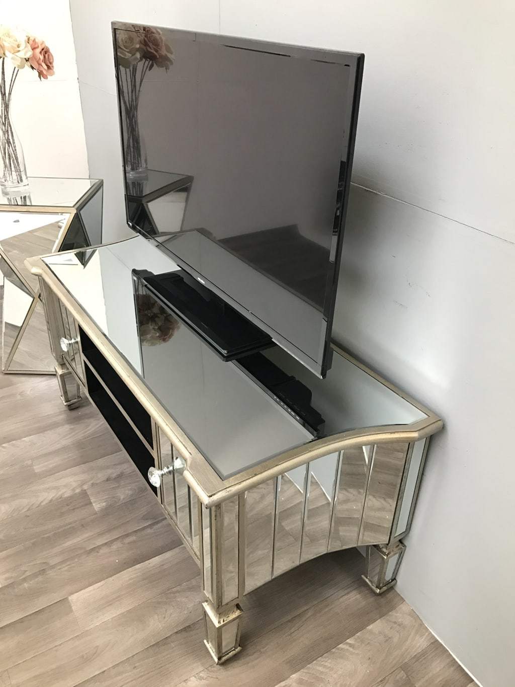 Mirrored TV Unit with 2 Shelves and 2 Drawers - Marbella Collection