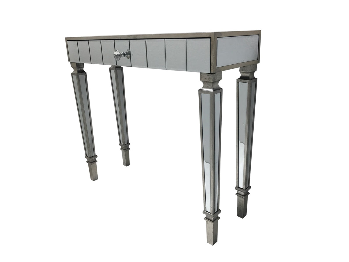 Mirrored Console Table with one drawer and diamante handle, view from the front left angle