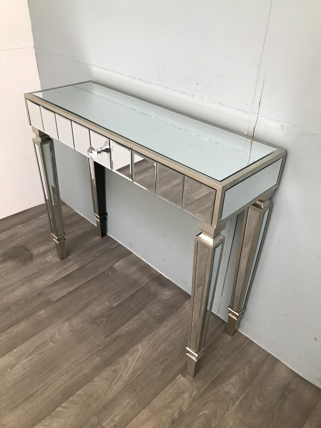 Mirrored Dressing Table Slim Silver Finish with one Drawer - Hollywood Collection
