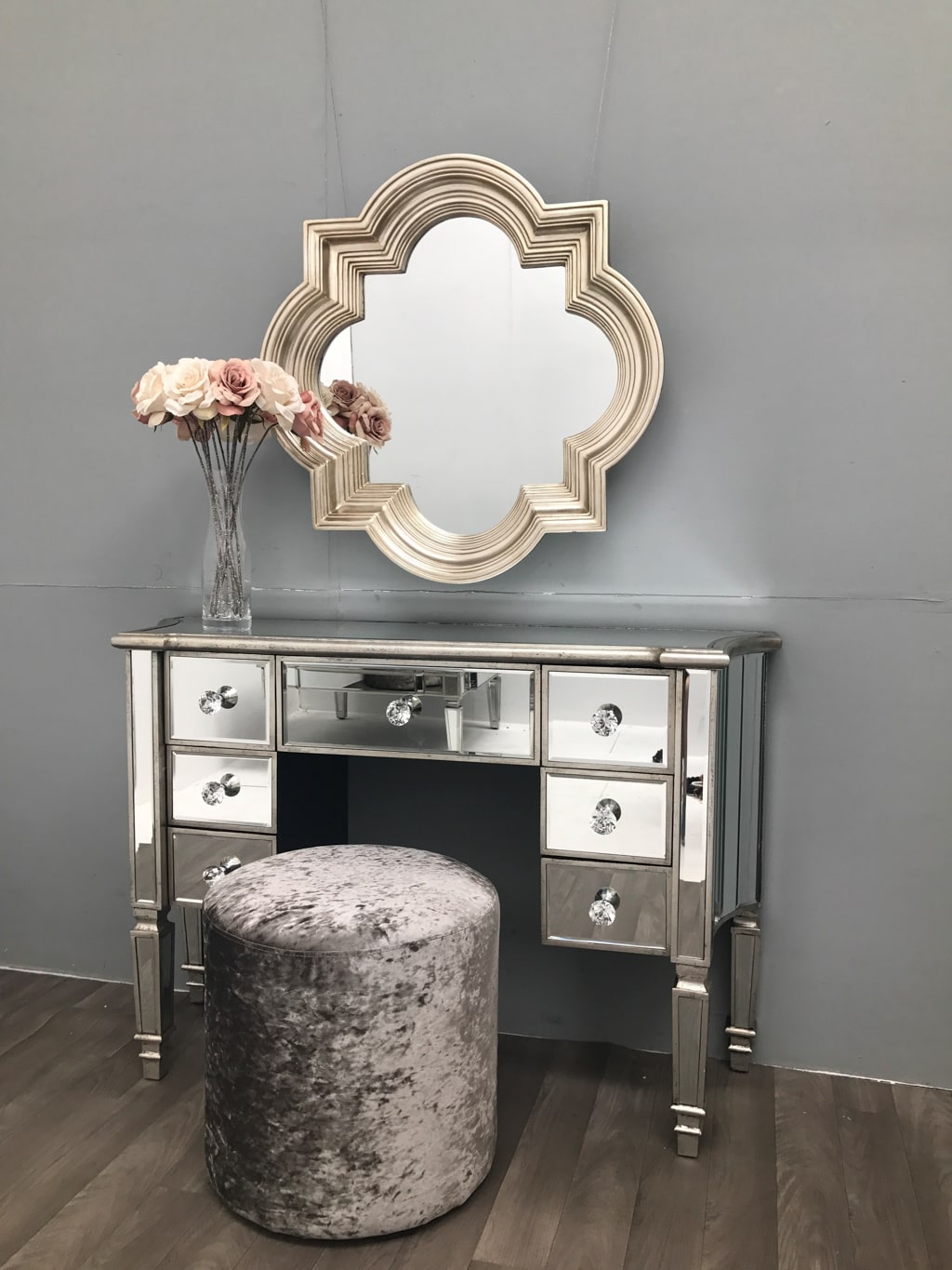 Mirrored Dressing Table With 7 Drawers - Modern Silver Edge Marbella