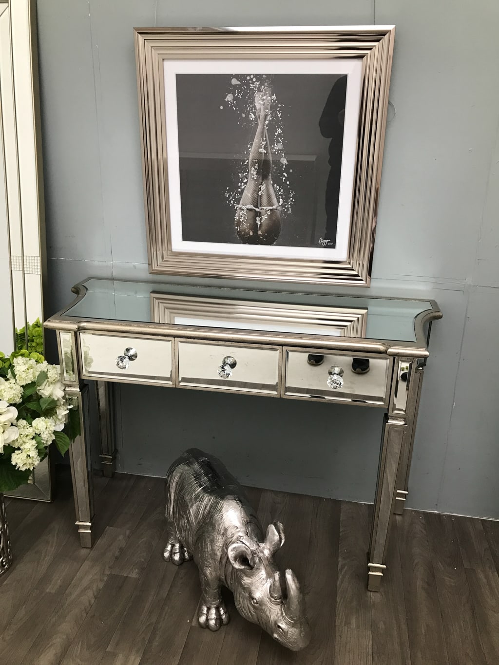 Mirrored Side Table With 3 Drawers in Silver Finish - Marbella Collection