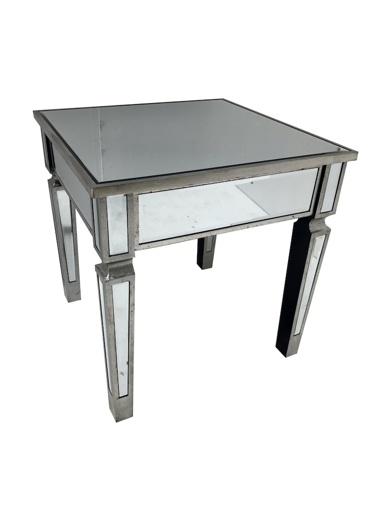 Silver Mirrored Side Table with wooden edge