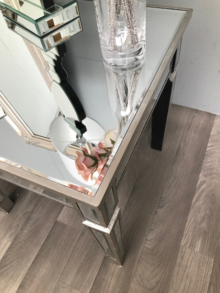 mirrored side table, rectangle design, silver edge