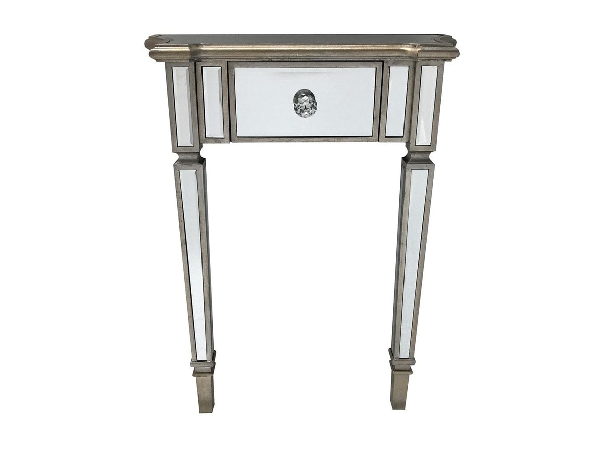 mirrored console table with one drawer and diamante handle