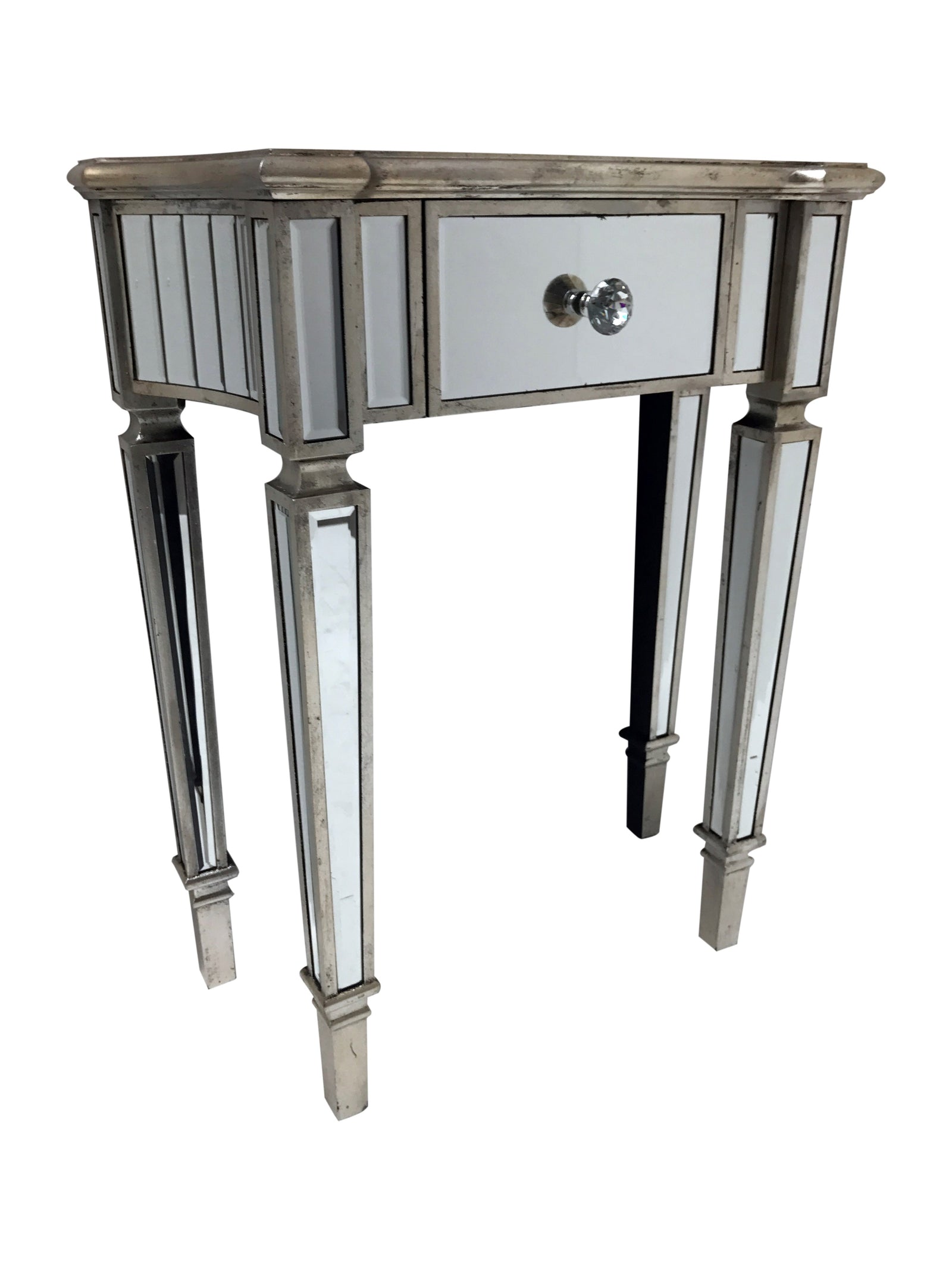 mirrored console table with one drawer and diamante handle
