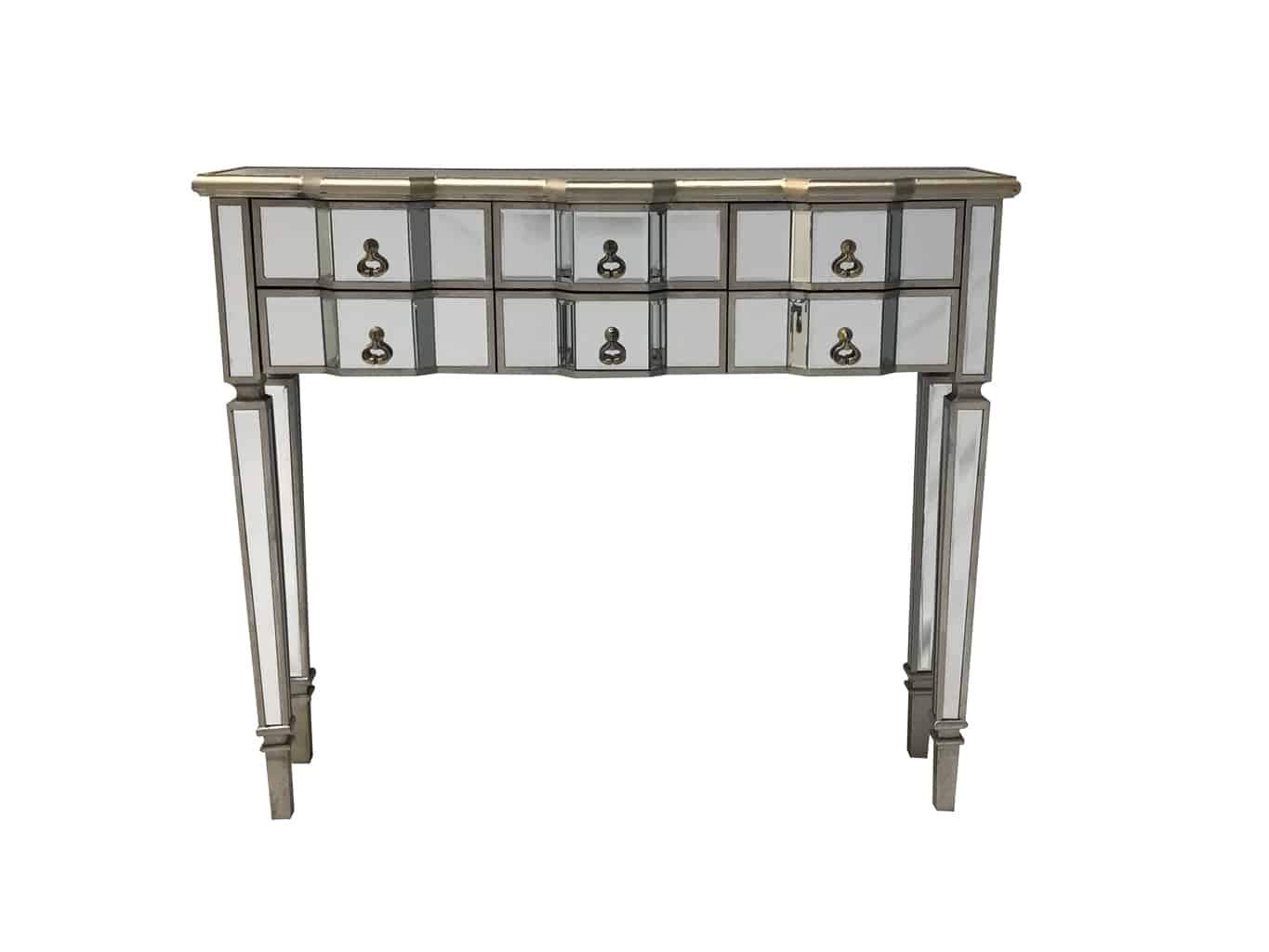 Mirrored console table with six drawers, bevelled mirrors and antiqued silver edges