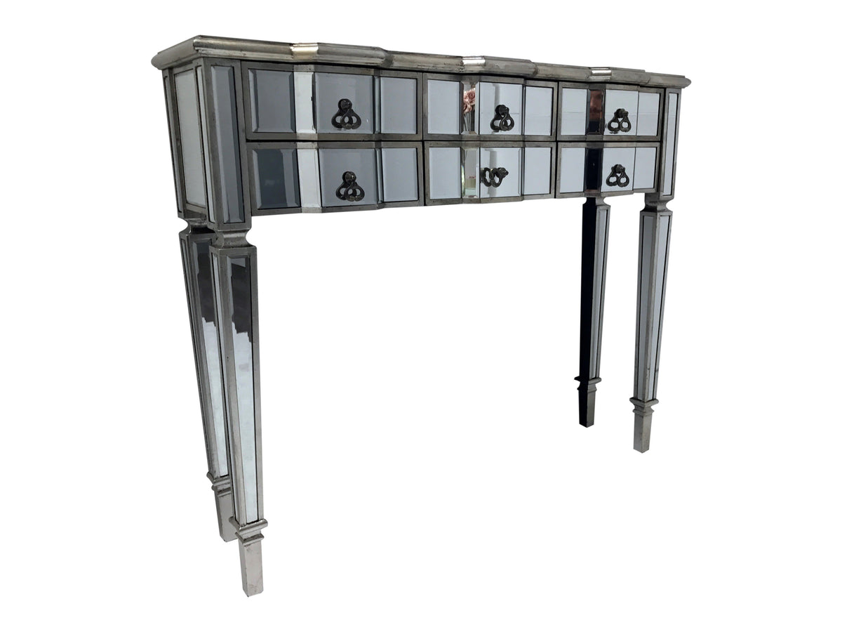 Glass console table with six drawers, bevelled mirrors and antiqued silver edges, view from right side angle