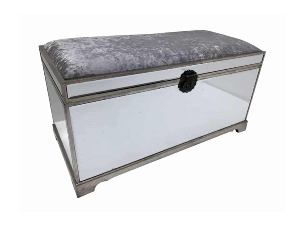 Hollywood Mirrored Trunk with all bevelled mirror panels, the lift up lid is upholstered in a silver crushed velvet material, so can be used as a seat when closed, wood and mirror and cloth, antiqued silver finish.