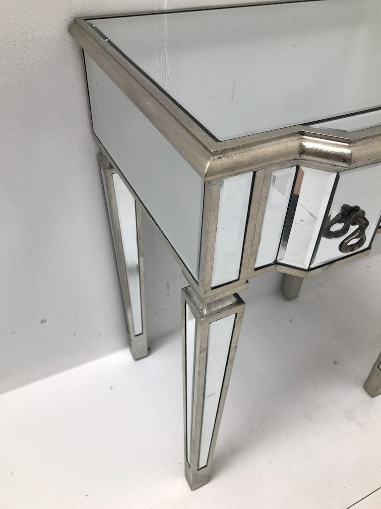 Silver Mirrored Dressing Table with 2 Drawers and brass drop pulls