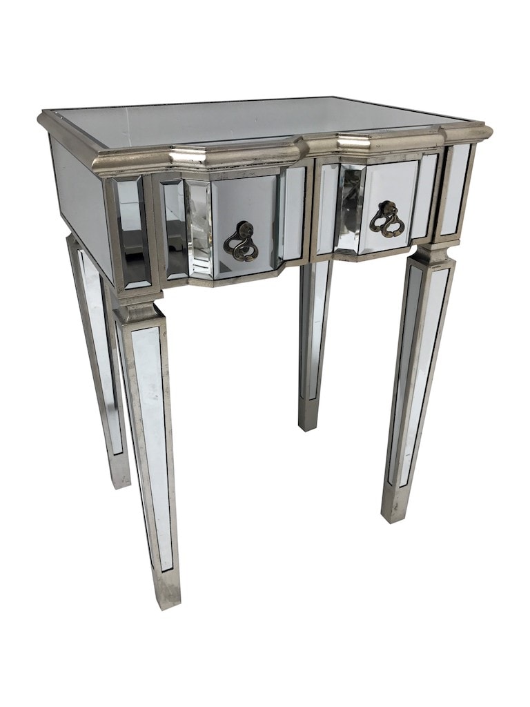 Silver Mirrored Dressing Table with 2 Drawers and brass drop pulls